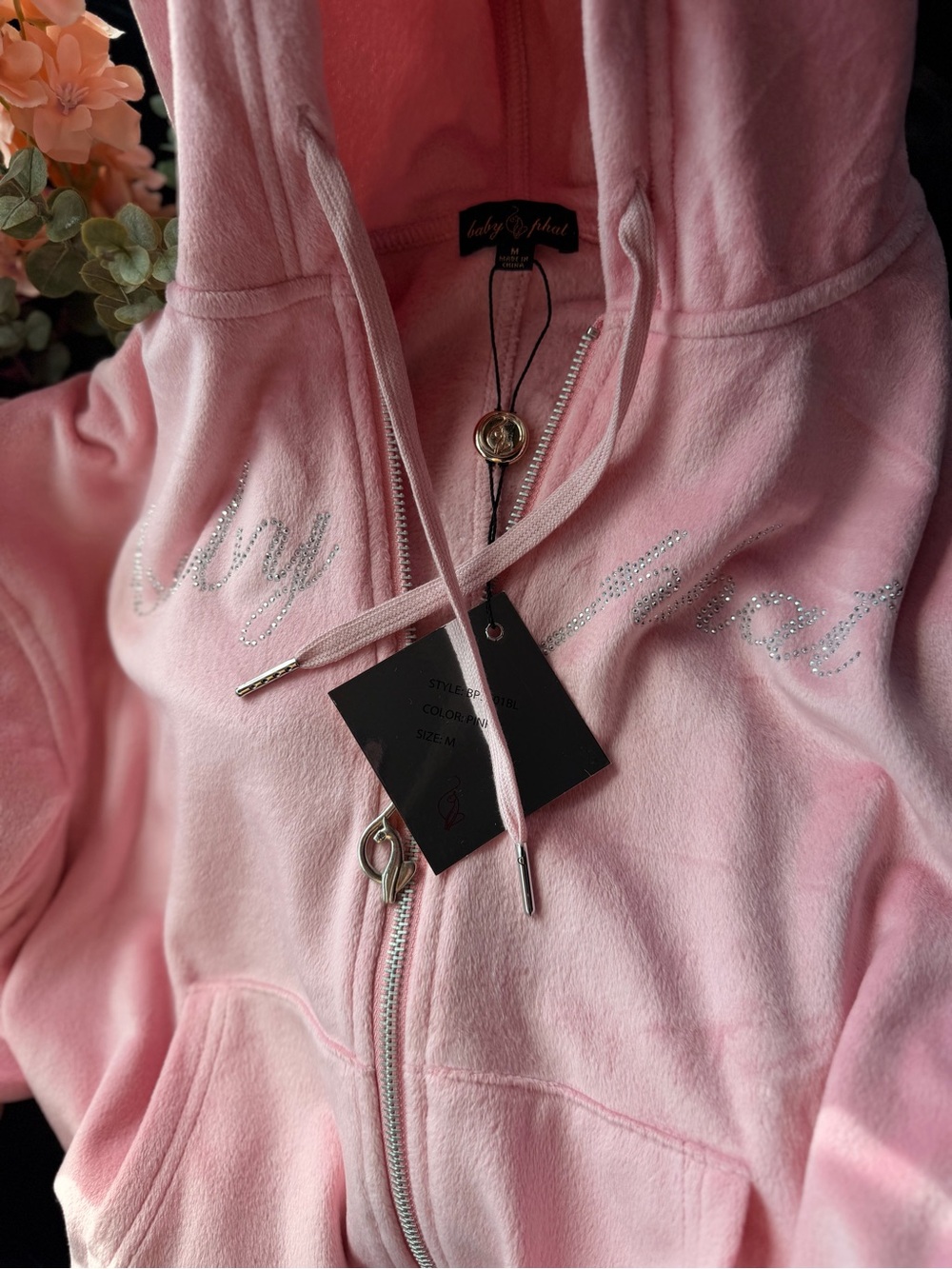 Baby Phat Pink Rhinestone Logo Soft Velvet Zip Up Hoodie Women’s Y2K Bling